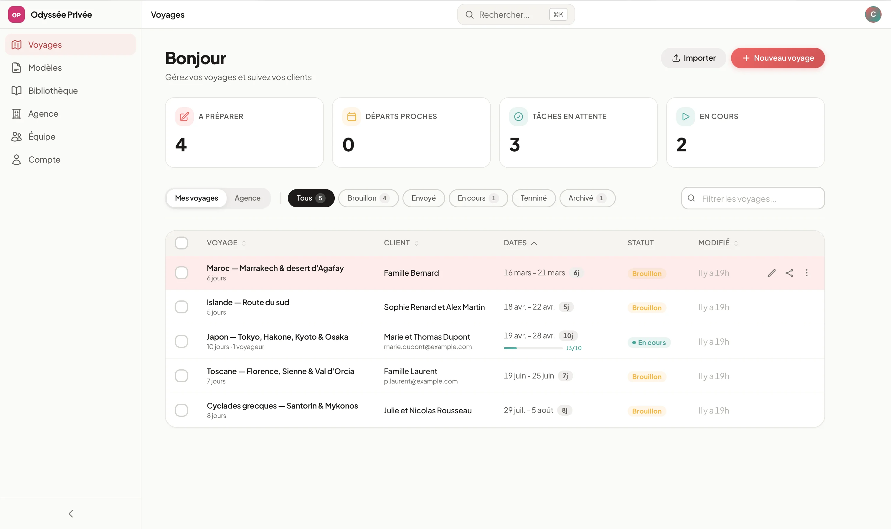 Dashboard agent Odyssée Privée — liste des voyages en préparation