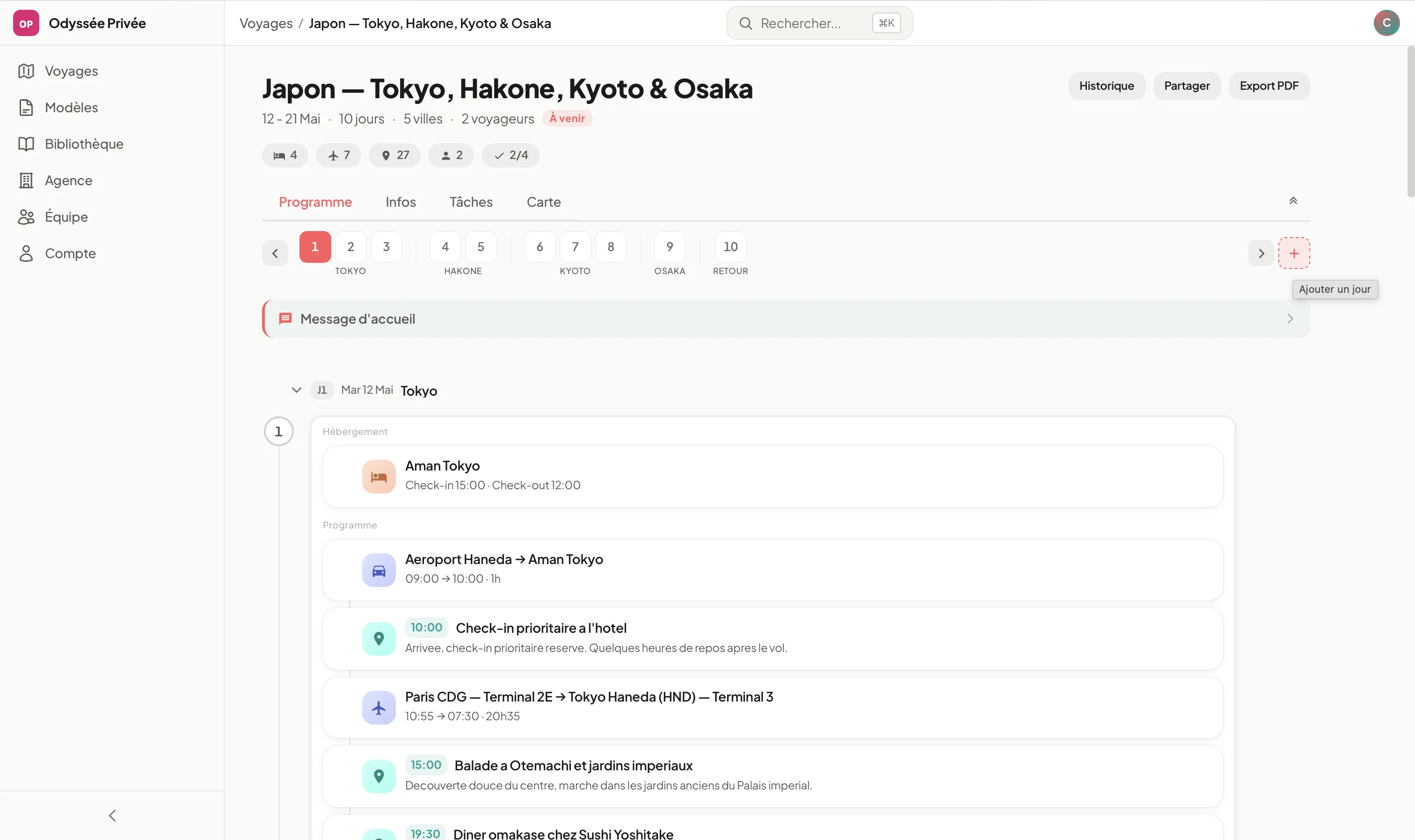 Vue programme du voyage Japon — 10 jours Tokyo, Hakone, Kyoto & Osaka