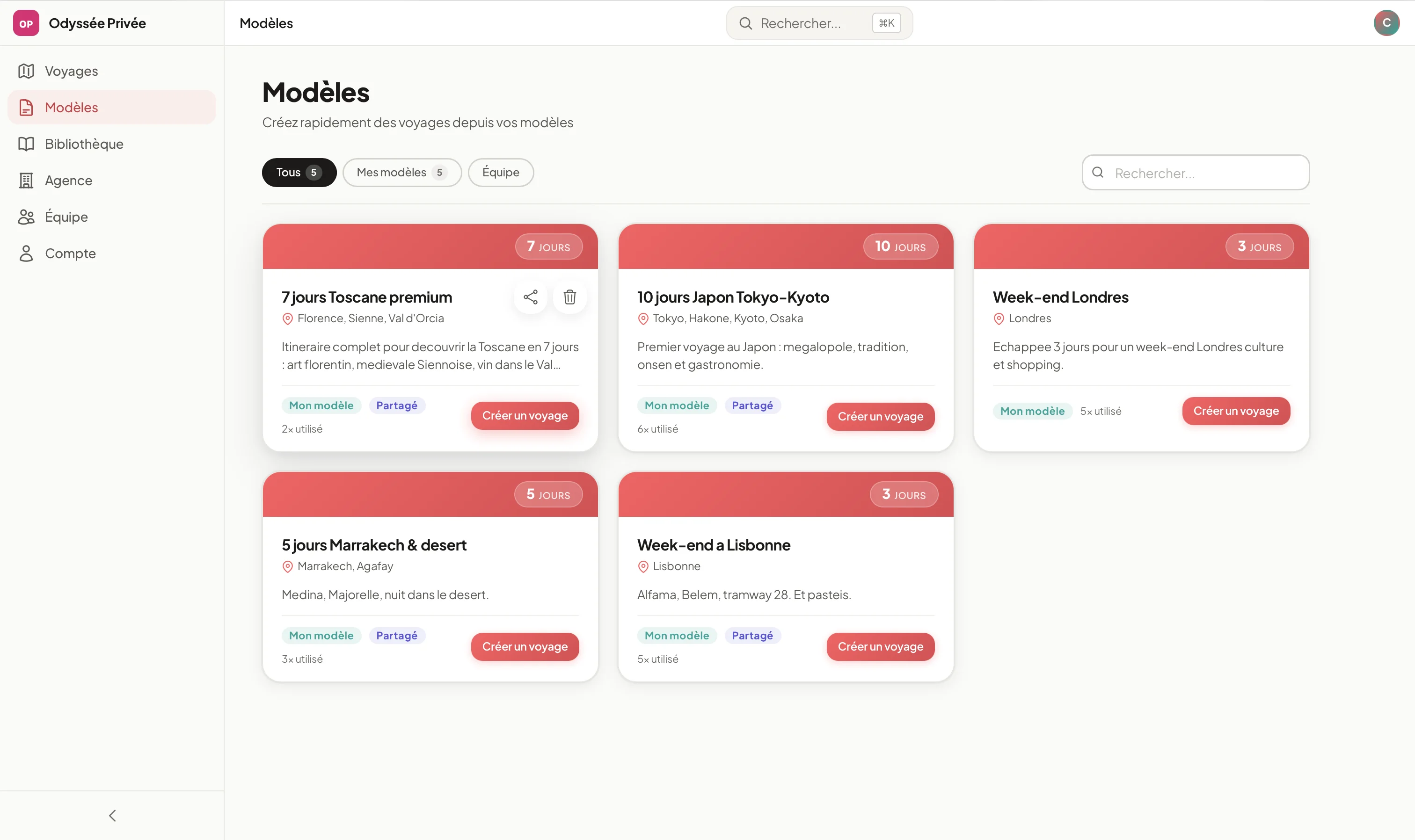 Bibliothèque de templates — 5 modèles de voyages réutilisables