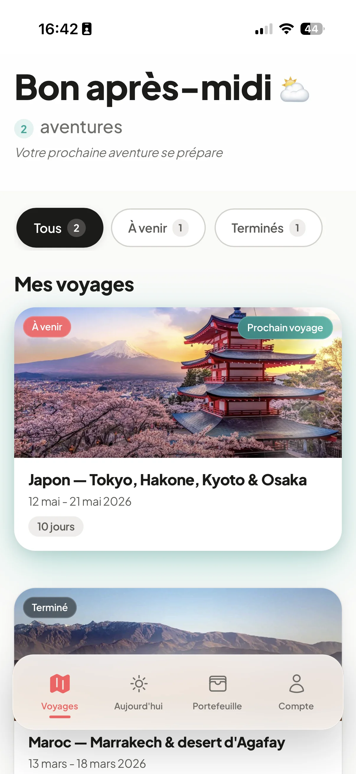 App mobile voyageur — page d'accueil