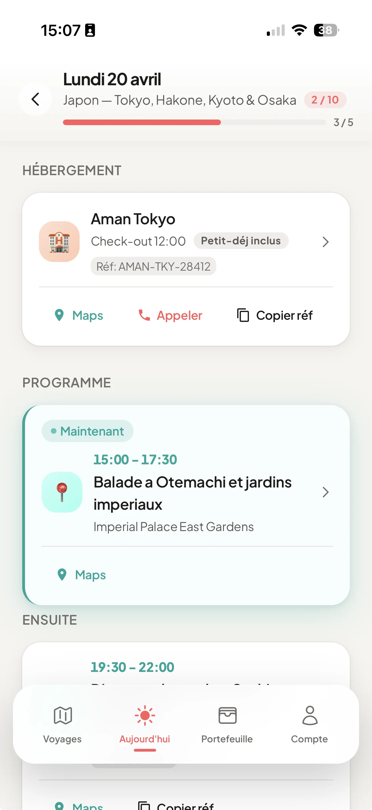 Vue Aujourd’hui — timeline du jour avec hébergement et activités