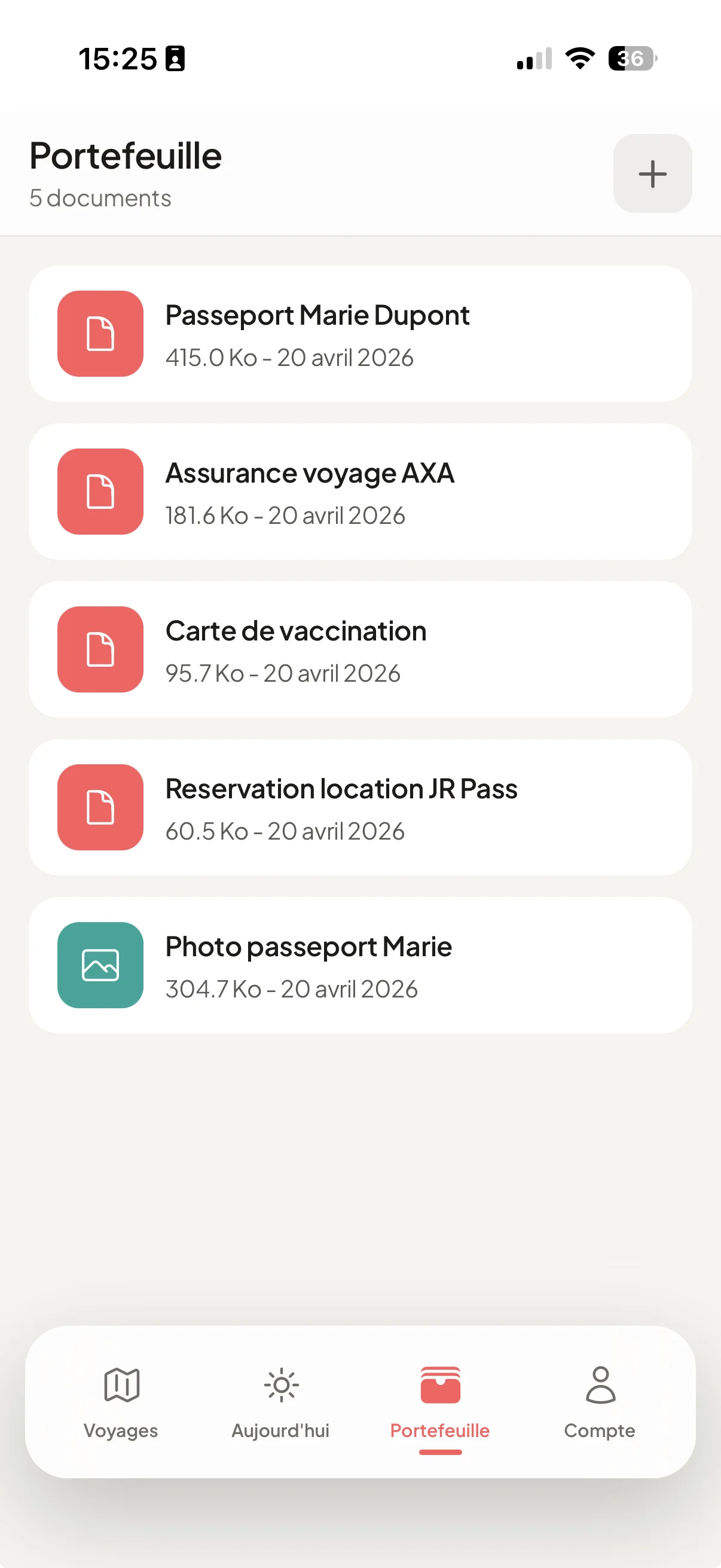 Portefeuille voyageur — 5 documents privés (passeport, assurance, vaccination)